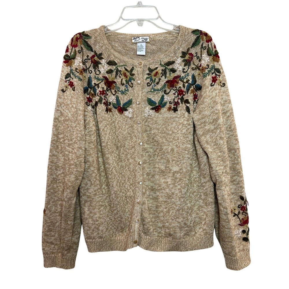 Heirloom Collectibles Cardigan Womens XL Tan Floral Embroidered y2k Cozy Neutral